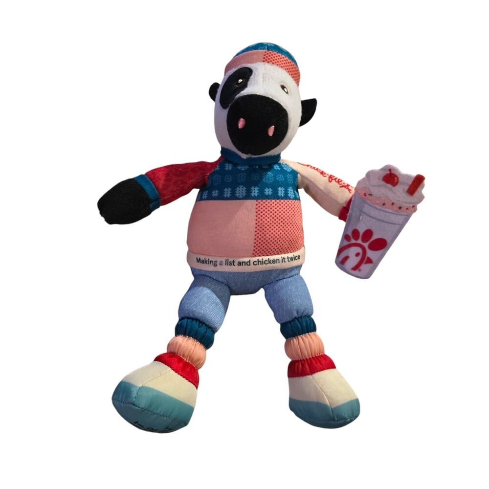 Chick Fil A 2023 Holiday Plush Cow 7" Sitting with Milkshake Stuffed Animal Toy